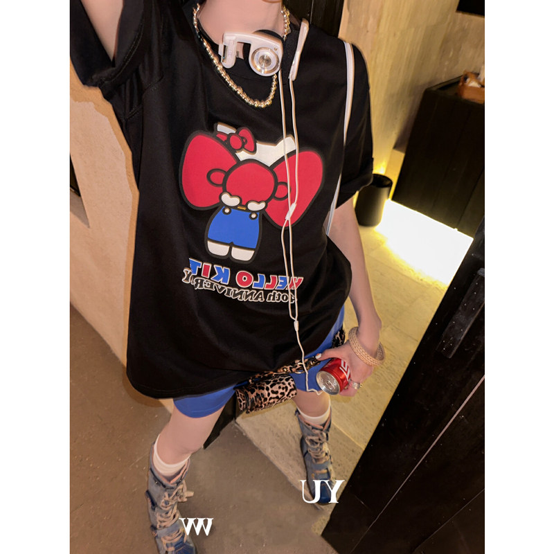 彩色字母蝴蝶结印花T恤中长款