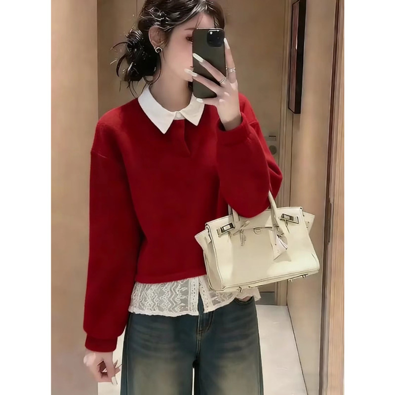 2026春秋新款衬衫毛衣两件套翻领纯色蕾丝T恤休闲宽松时髦长袖,女装/女士精品,大码内搭,淘宝优惠券,粉丝福利购,淘宝优惠卷