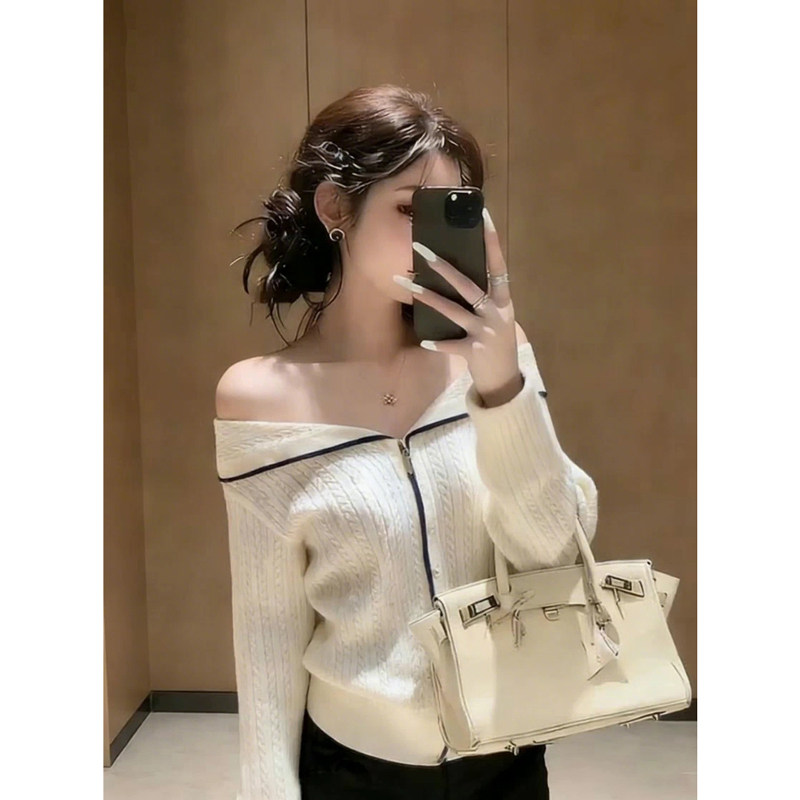 2026春秋新款开衫女一字肩拼色拉链针织韩系温柔性感百搭显瘦长袖,女装/女士精品,大码内搭,淘宝优惠券,粉丝福利购,淘宝优惠卷