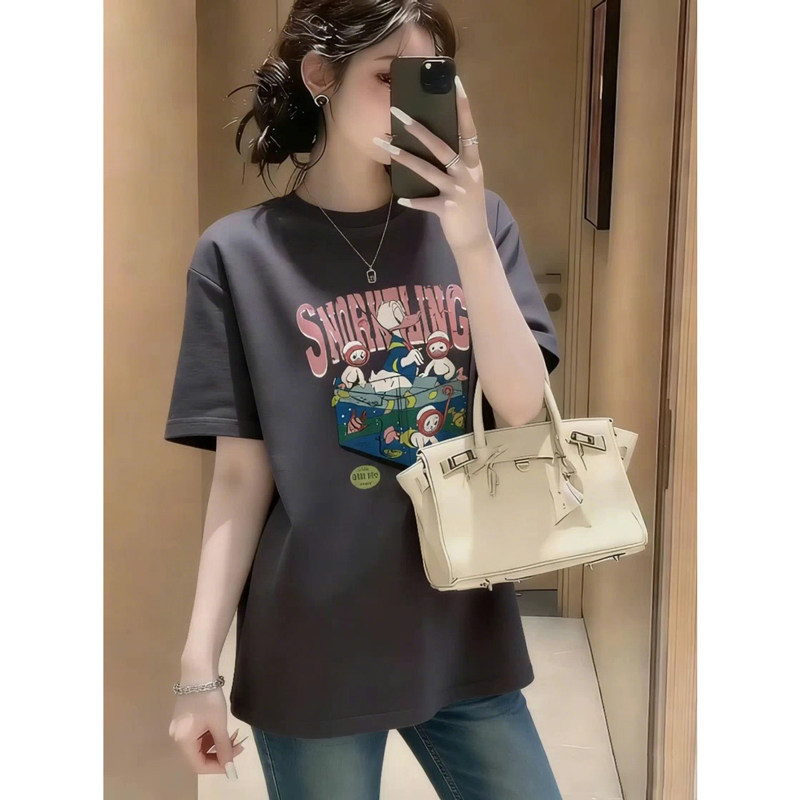 2026夏季新款短袖女圆领泳池潜水鸭印花T恤复古中长款休闲上衣,女装/女士精品,大码内搭,淘宝优惠券,粉丝福利购,淘宝优惠卷