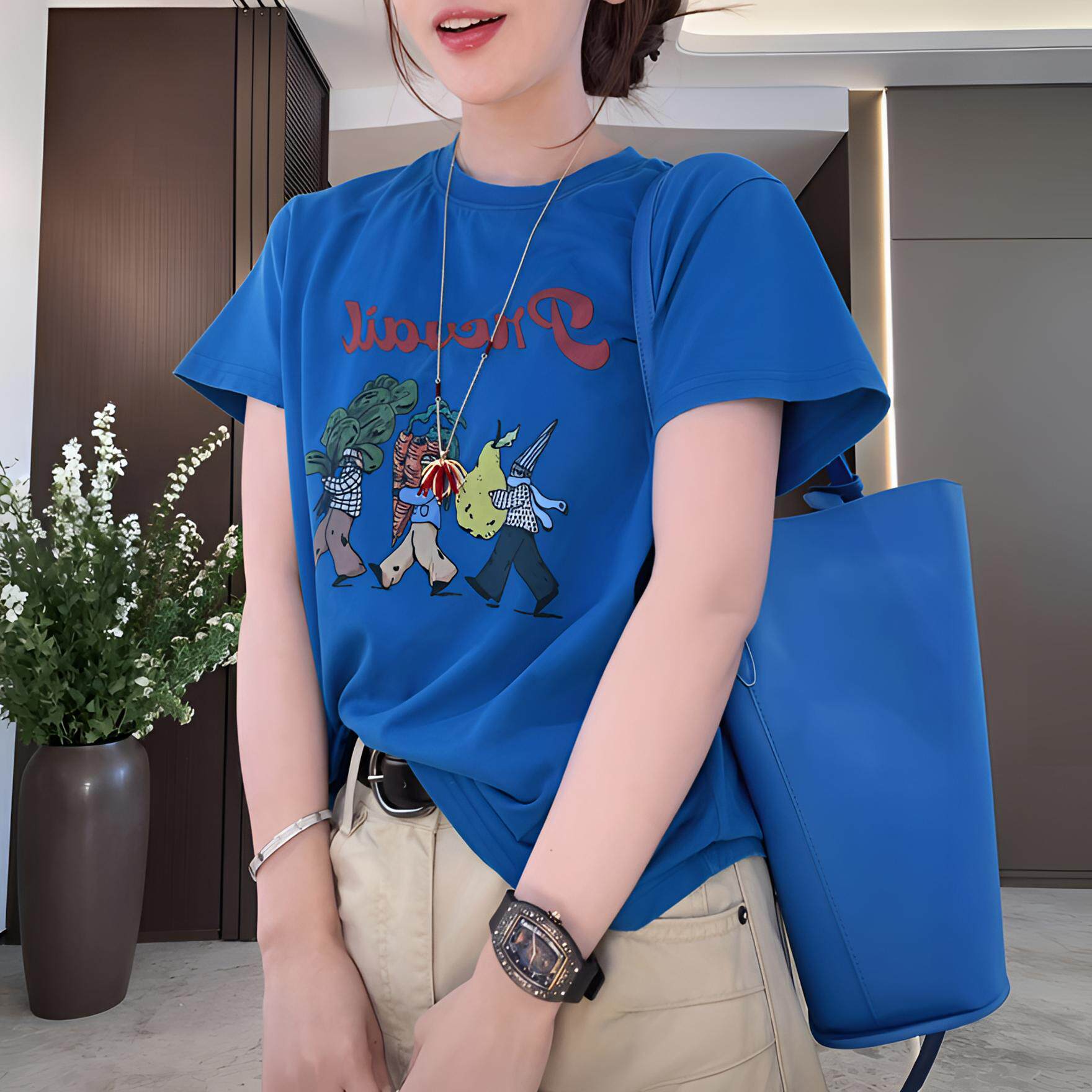 高级感卡通糖绘小人印花短袖T恤女2026夏季新款休闲百搭显瘦上衣
