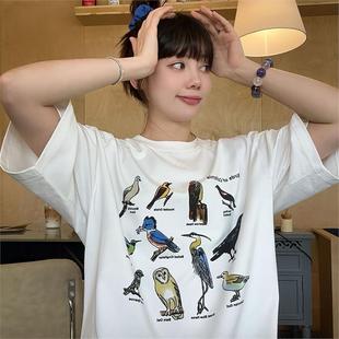 街头ins卡通印花纯棉短袖 圆领白色休闲通勤上衣 t恤女2025夏季 新款