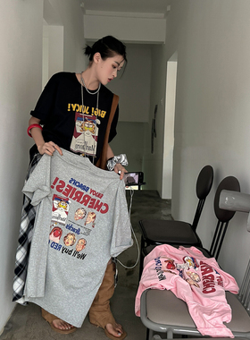夏季新款T恤女2025美式复古汤姆猫字母印花中长款休闲潮牌短袖