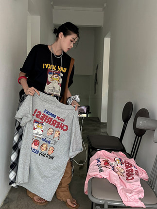夏季新款T恤女2025美式复古汤姆猫字母印花中长款休闲潮牌短袖
