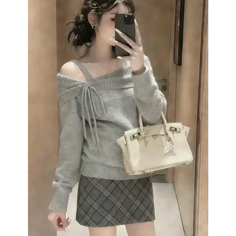 2026春秋新款毛衣女吊带露肩系带纯色针织休闲韩系学生百搭长袖,女装/女士精品,大码内搭,淘宝优惠券,粉丝福利购,淘宝优惠卷
