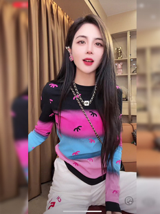 爆款 2024年新款 时尚 修身 t恤 彩色拼接打底衫 长袖 女内搭上衣春秋季