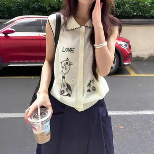 上衣 Polo领无袖 针织背心女夏季 胖MM大码 显瘦洋气独特漂亮刺绣小衫