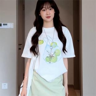 舒适透气慵懒风上衣 美式 甜美穿搭别致印花短袖 t恤女2025夏季 新款