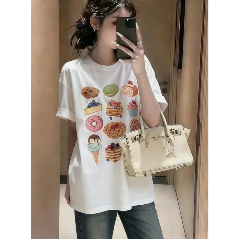 2026春秋新款短袖女圆领蛋糕满幅印花T恤休闲中长款减龄纯棉上衣,女装/女士精品,大码内搭,淘宝优惠券,粉丝福利购,淘宝优惠卷