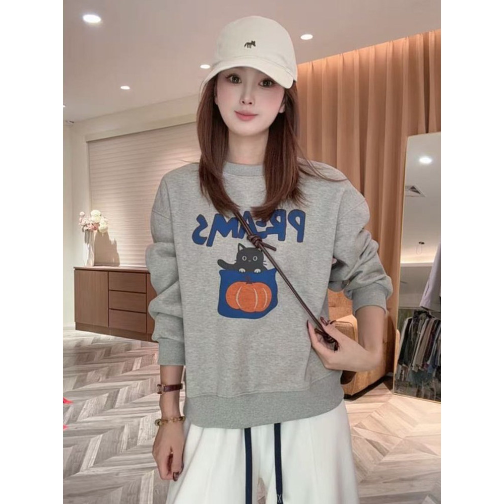 【南瓜奶猫】秋季新款韩系显瘦百搭圆领印花长袖卫衣慵懒小众上衣