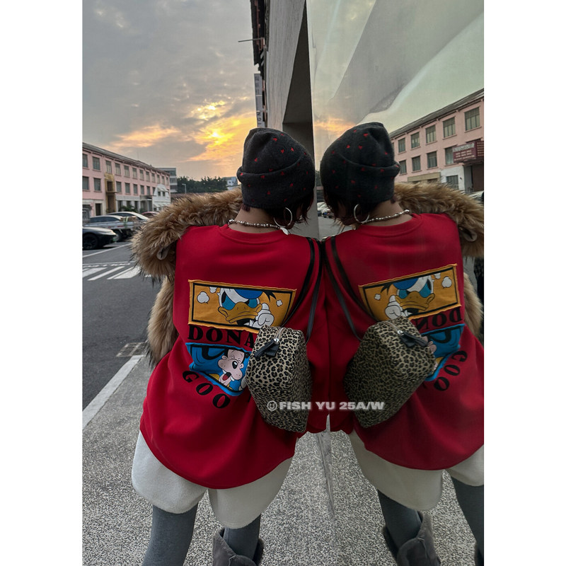 秋冬卫衣女2025圆领长方形卡通印花T恤宽松休闲加绒复古情侣长袖