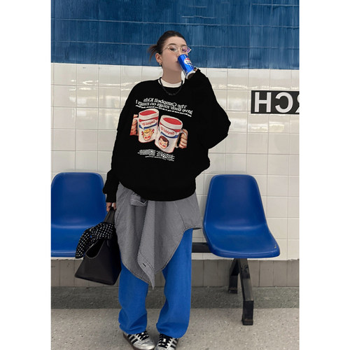 圆领杯子字母印花中长款美式复古宽松情侣