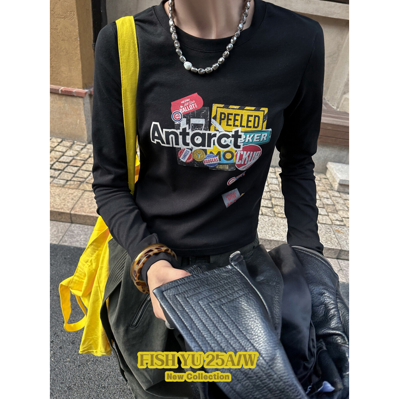 修身彩色字母打底衫女2025