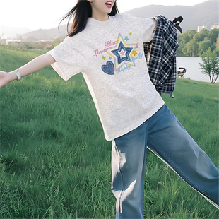 夏季 短袖 慵懒风半袖 t恤女白灰色2025新款 圆领上衣ins 纯棉宽松韩版