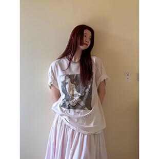 新款 T恤女2026夏季 宽松圆领纯棉百搭上衣 复古设计感印花短袖 美式