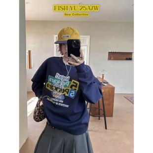 撞色贴纸字母印花卫衣女2025秋冬新款 潮牌休闲复古加绒情侣长袖