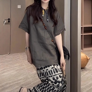 亚麻衬衫 新款 微胖mm后背开叉短袖 女夏季 气质宽松显瘦上衣 大码 时尚