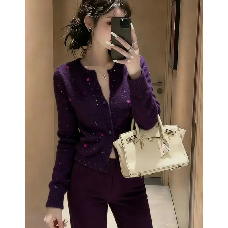 针织紫色亮闪短款开衫复古气质
