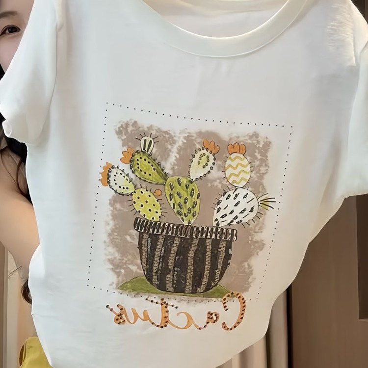 韩版仙人掌涂鸦印花圆领短袖T恤2026夏季新款宽松显瘦百搭上衣女