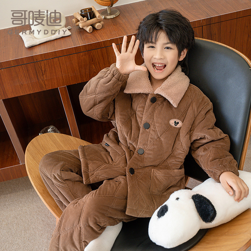 冬季儿童加绒加厚家居服新款男童中大童澳毛时尚韩版翻领外穿睡衣