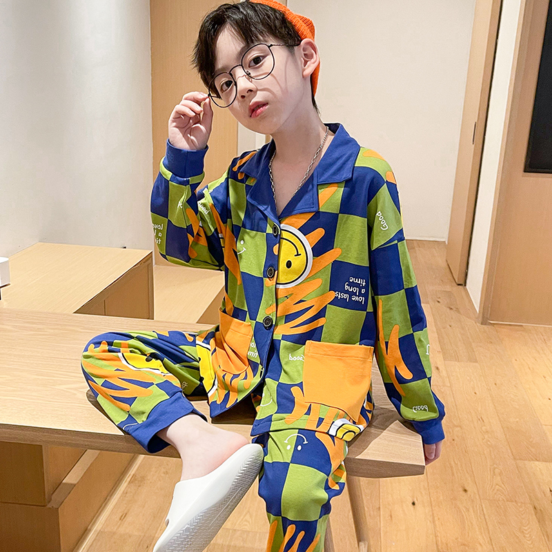 男童睡衣春季新款纯棉时尚翻领潮流男童中大童男孩秋季长袖家居服