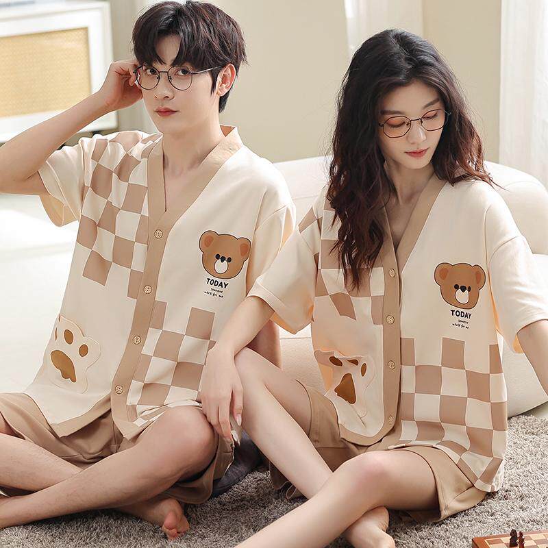 纯棉情侣睡衣女夏天开衫短袖短裤100%全棉卡通可爱男士家居服套装