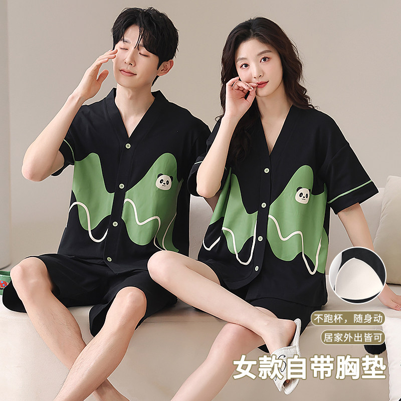 100%纯棉情侣睡衣女夏天带胸垫开衫短袖短裤韩版男士家居服套装