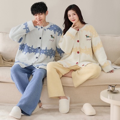 情侣睡衣开衫套装米粒绒冬季