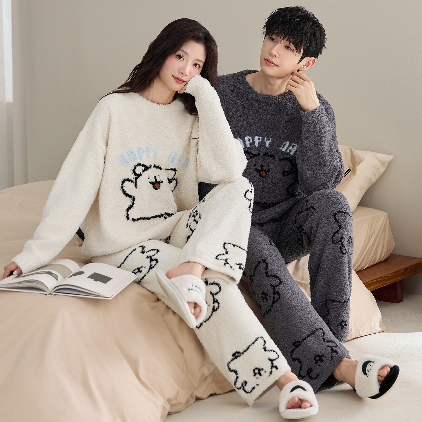 卡通可爱米粒绒情侣睡衣女套装法兰绒冬季半边绒保暖男士家居服