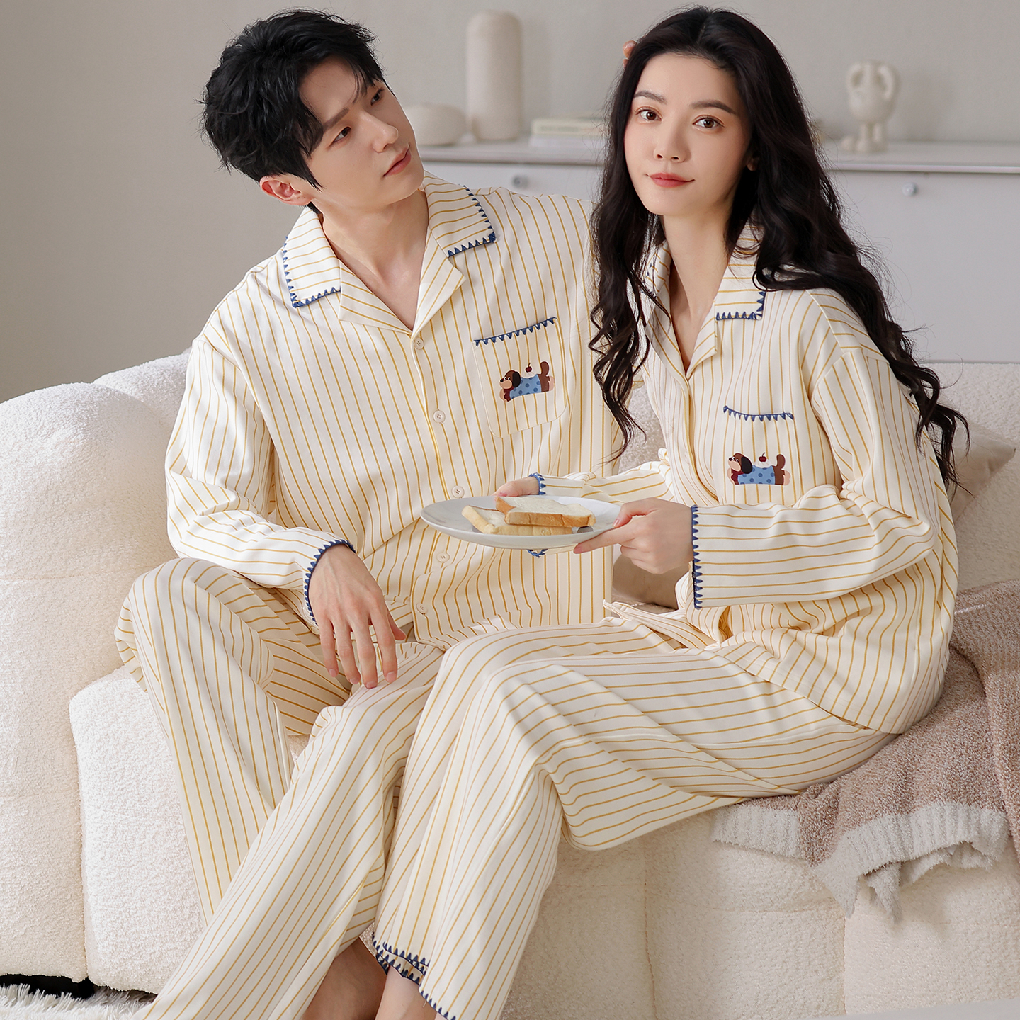 100%纯棉情侣睡衣女秋冬长袖开衫居家卡通可爱春秋男士家居服套装