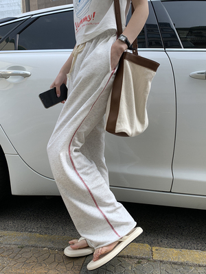 宽松休闲阔腿裤女夏季薄款运动风设计感高腰显瘦百搭垂感拖地长裤