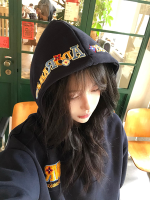 美式覆古藏青色刺绣连帽卫衣女秋冬季加绒加厚宽松慵懒风百搭外套