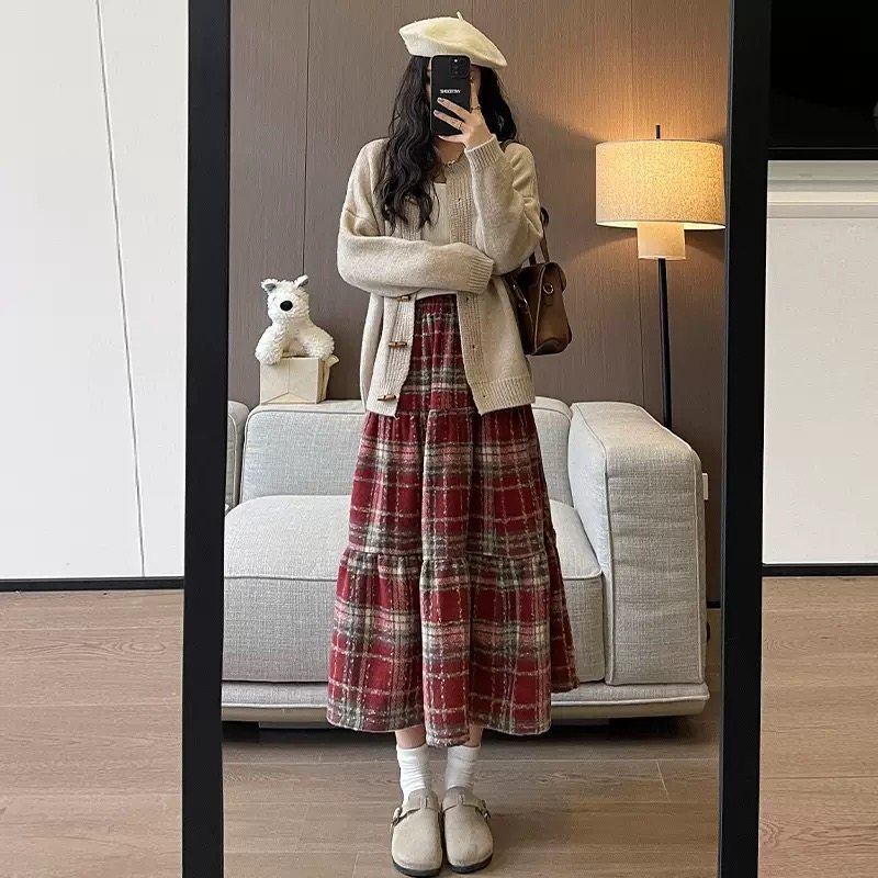 毛呢半身裙春秋长款 高腰显瘦慵懒A字中长裙磨毛拼接格子蛋糕裙女