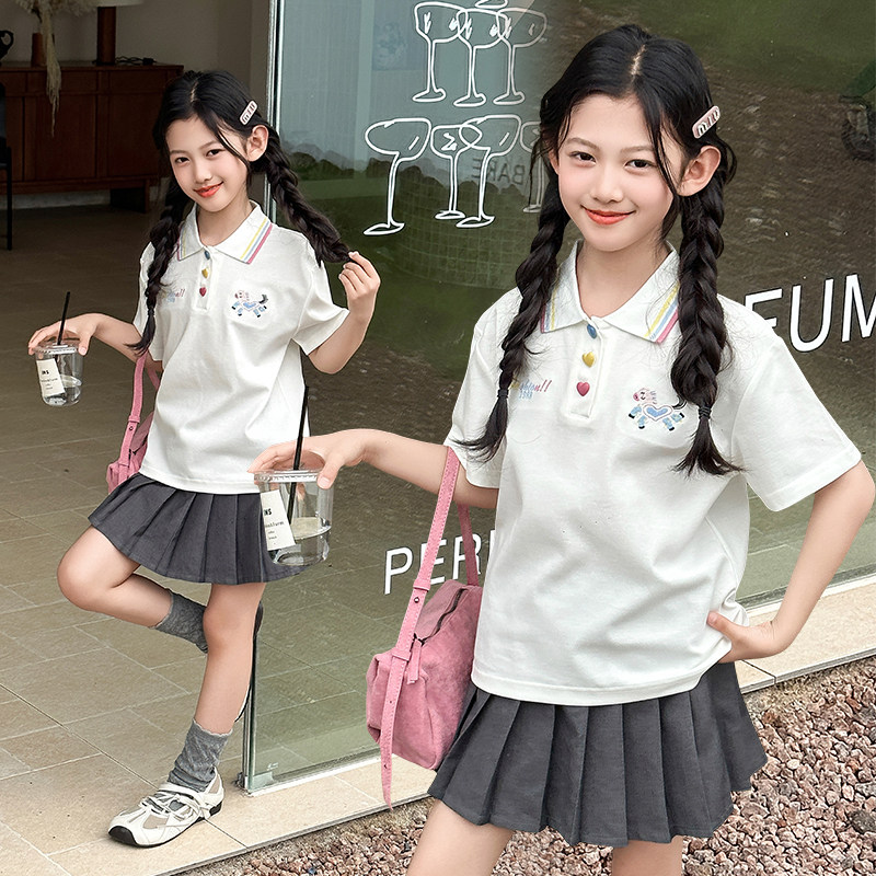 女童夏季校服短袖上衣POLO衫棒球服纯棉T恤吸汗小学生厚衬衫上衣
