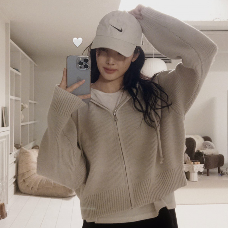 Slowand韩国官网女装代购23早春 韩范简约文艺感连帽拉链针织衫