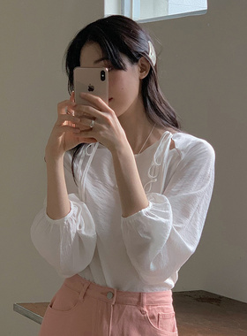 Slowand韩国官网女装代购23夏韩范欧尼小性感镂空系带长袖衬衫