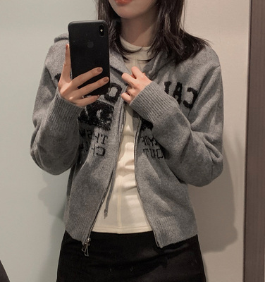 Slowand韩国官网自制女装代购23冬韩范休闲文艺感字母连帽针织衫