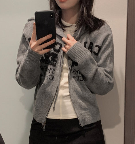 Slowand韩国官网自制女装代购23冬韩范休闲文艺感字母连帽针织衫