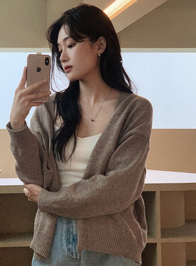 Slowand韩国官网女装代购23秋经典款基础百搭纯色V领系扣针织衫