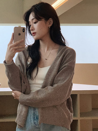 Slowand韩国官网女装代购23秋经典款基础百搭纯色V领系扣针织衫