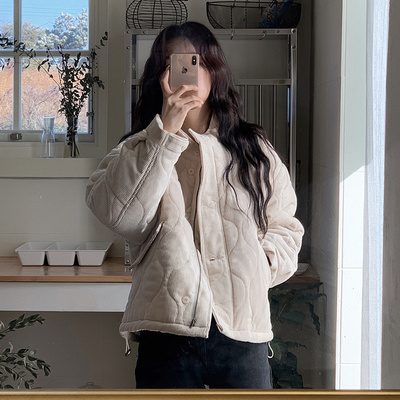 Slowand韩国官网自制女装代购22冬款 简约百搭条绒绗线保暖棉服