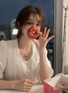 Slowand韩国官网自制女装代购23夏时尚甜美少女感U型领七分袖衬衫