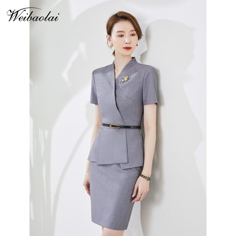 职业装女西服套装酒店前台美容师工装灰色长袖套裙售楼部工作服秋