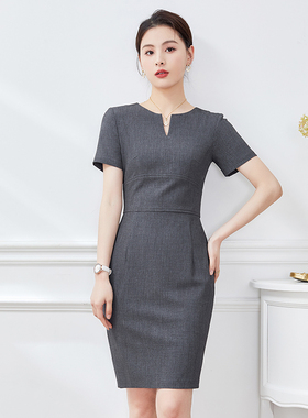 通勤连衣裙 职业连衣裙女夏季售楼部珠宝店前台接待工作服装灰色