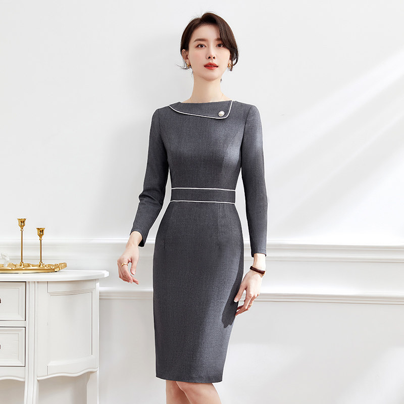 灰色职业连衣裙女春秋酒店前台美容院售楼部工作服白领通勤一步裙