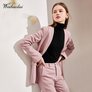 职业白领西装套装女粉色西服外套复古气质女神范直筒裤两件套早春