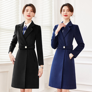 职业呢子大衣中长款女售楼部工作服冬酒店前台工装羊毛呢外套加棉