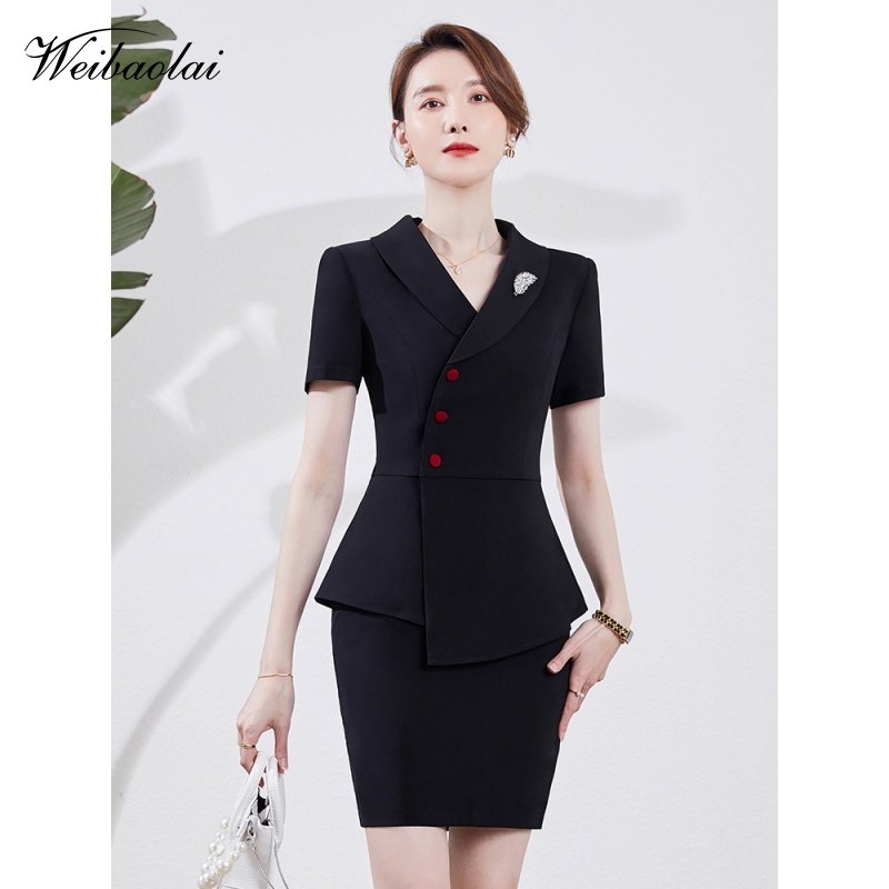 黑色工作服短袖前台薄款西装套装