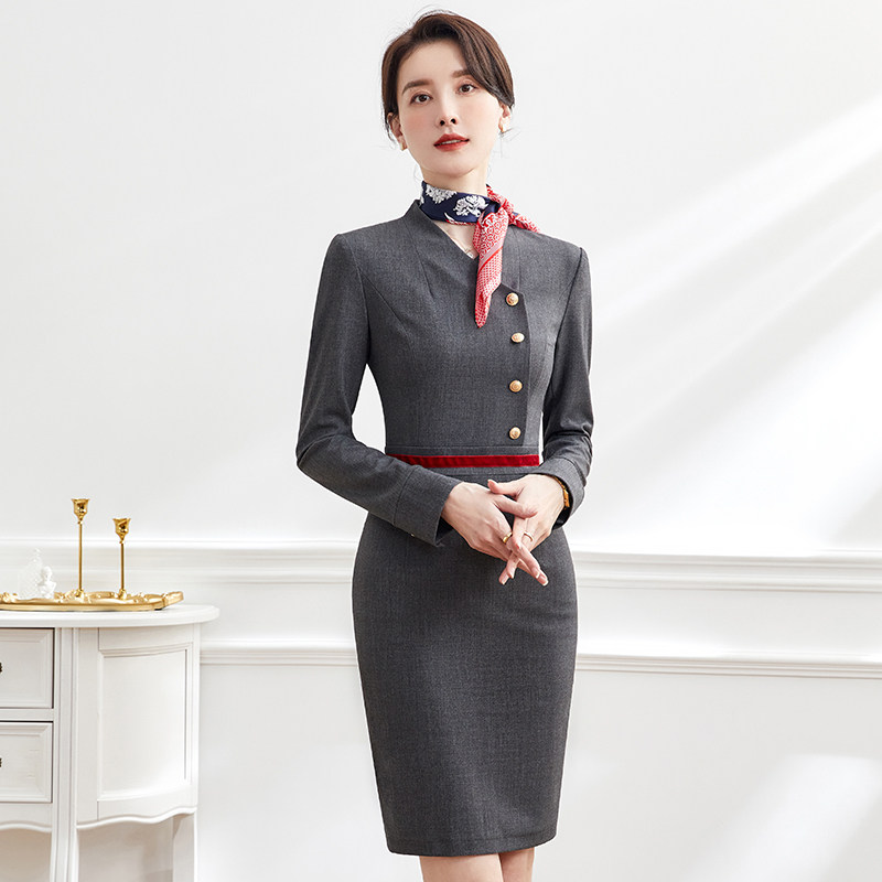 长袖职业连衣裙女春秋灰空乘面试酒店前台接待美容院售楼部工作服