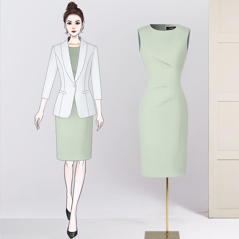 白色西装连衣裙两件套职业连衣裙套装主持人教师服装美容院工服女